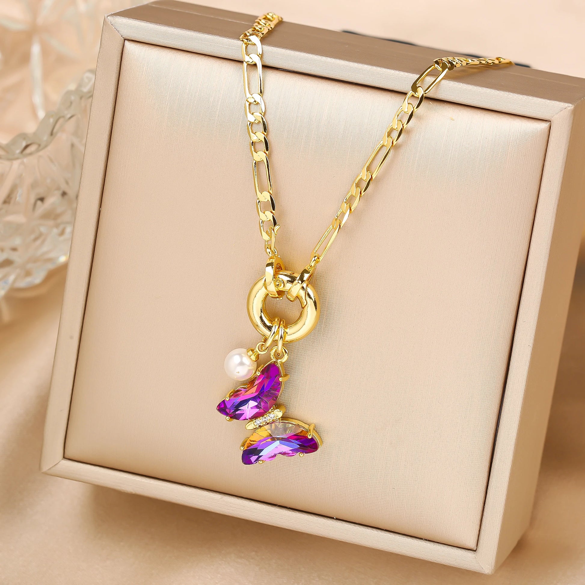 Pink Bloom Butterfly Necklace – 13-Color Crystal Pearl Pendant, Luxury Party Jewelry