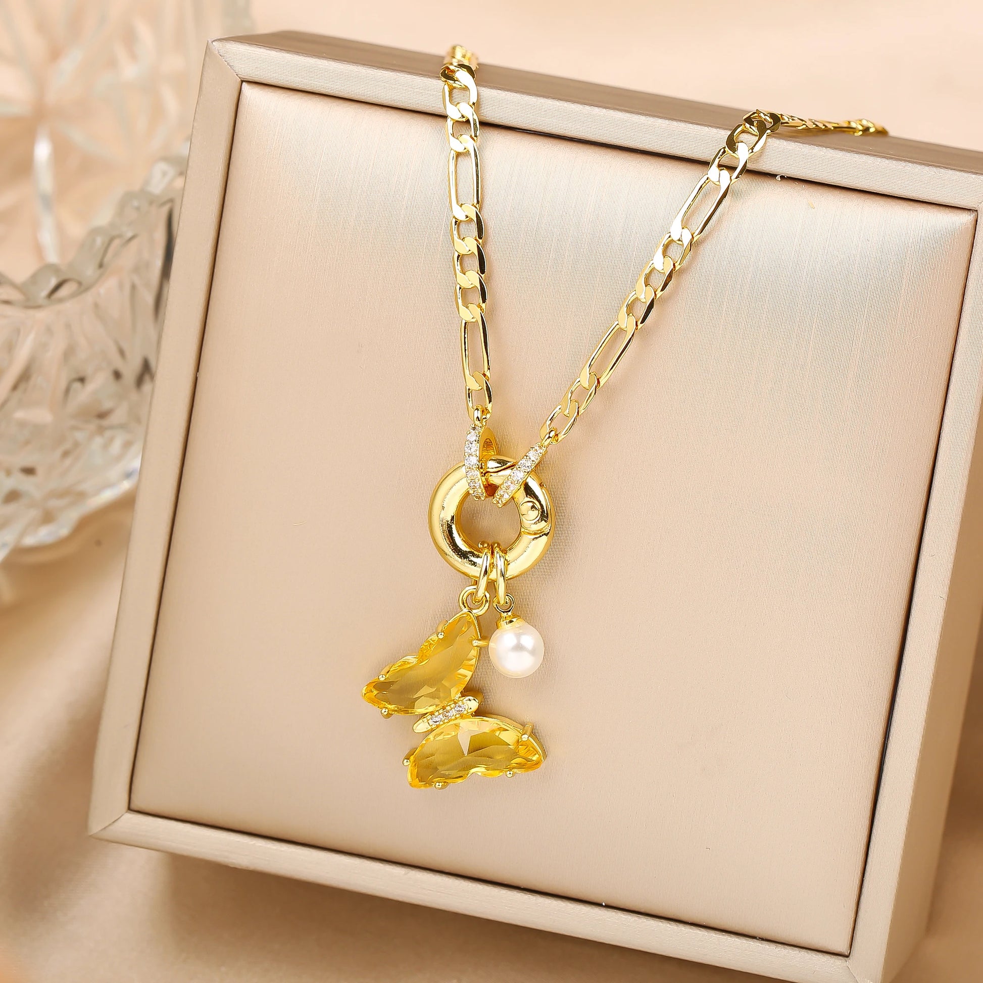 Pink Bloom Butterfly Necklace – 13-Color Crystal Pearl Pendant, Luxury Party Jewelry