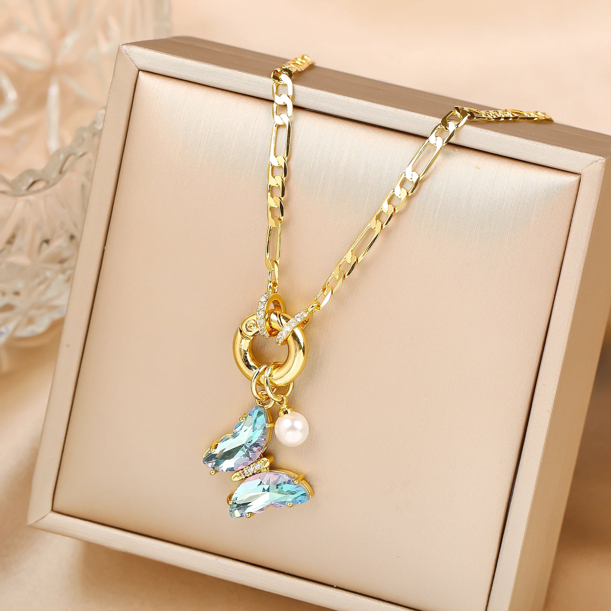 Pink Bloom Butterfly Necklace – 13-Color Crystal Pearl Pendant, Luxury Party Jewelry