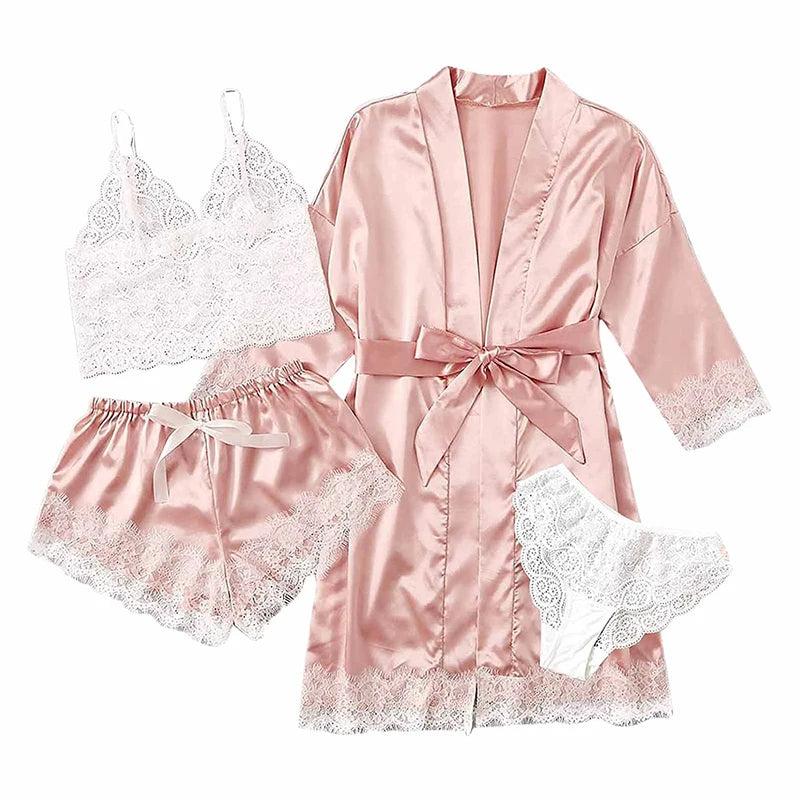 Pink Bloom 4pc Lace Satin Sleep Set – Sexy, Silky & Comfy.