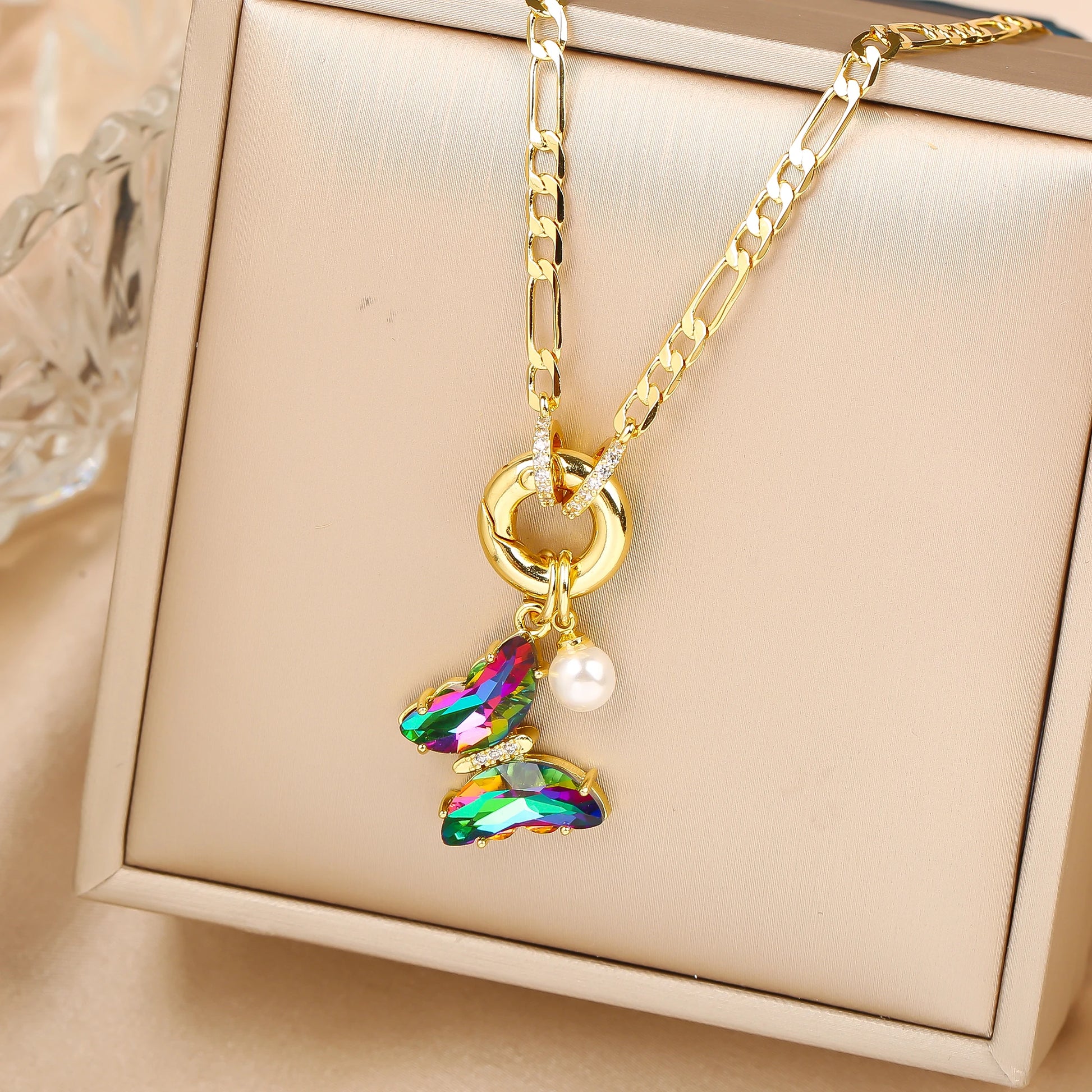 Pink Bloom Butterfly Necklace – 13-Color Crystal Pearl Pendant, Luxury Party Jewelry