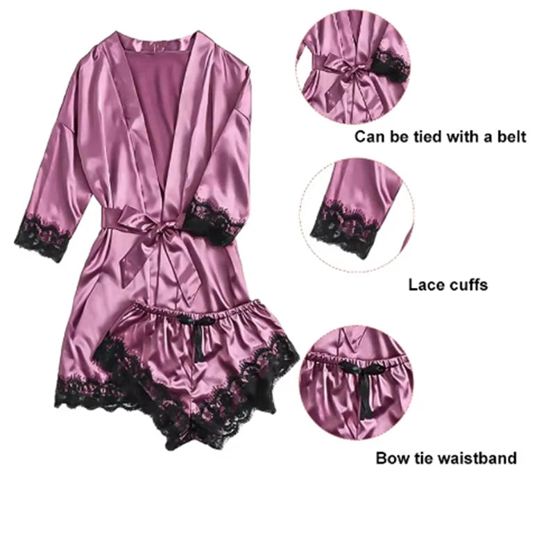 Pink Bloom 4pc Lace Satin Sleep Set – Sexy, Silky & Comfy.