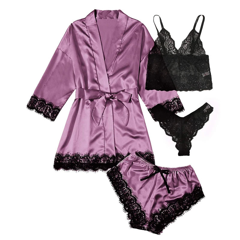 Pink Bloom 4pc Lace Satin Sleep Set – Sexy, Silky & Comfy.