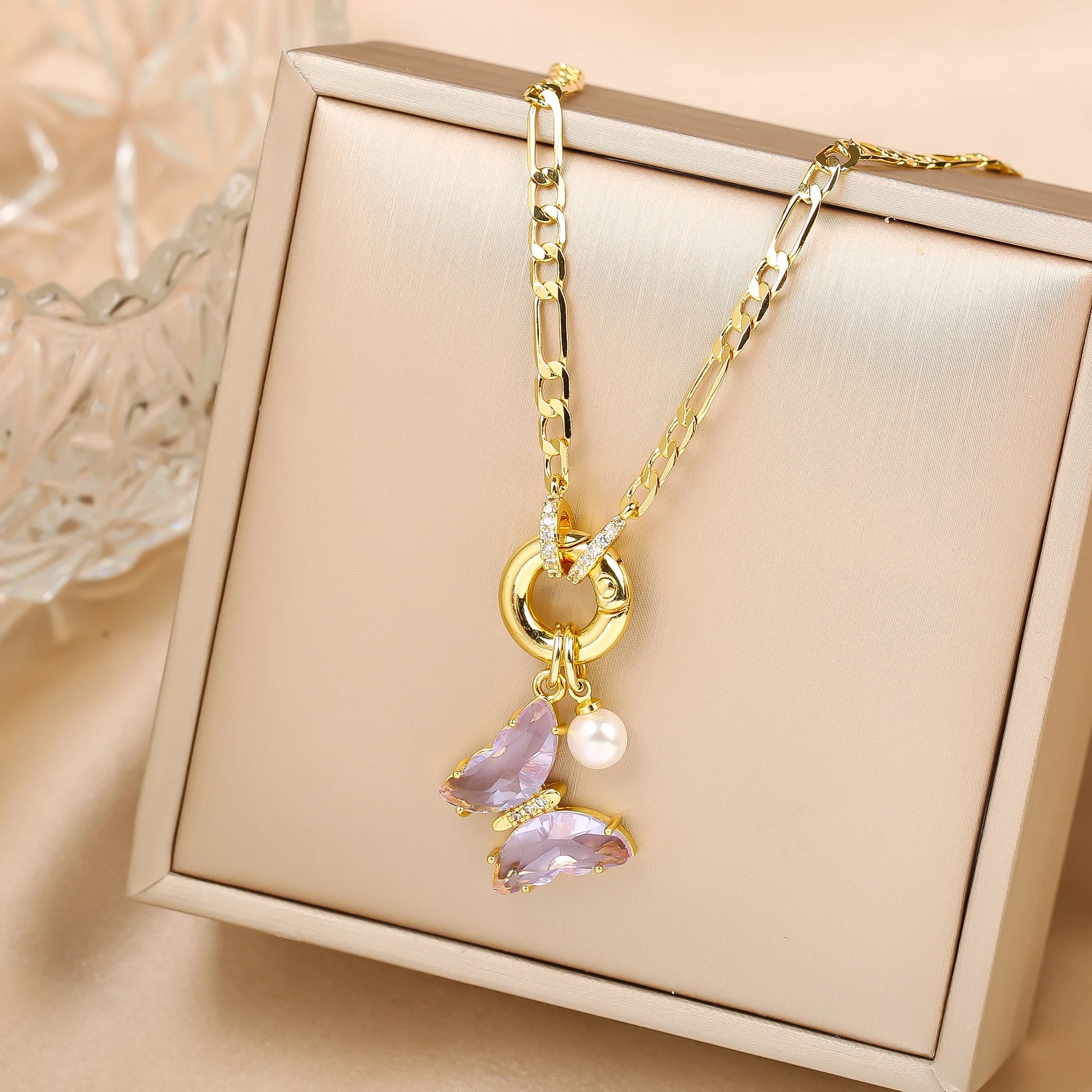 Pink Bloom Butterfly Necklace – 13-Color Crystal Pearl Pendant, Luxury Party Jewelry