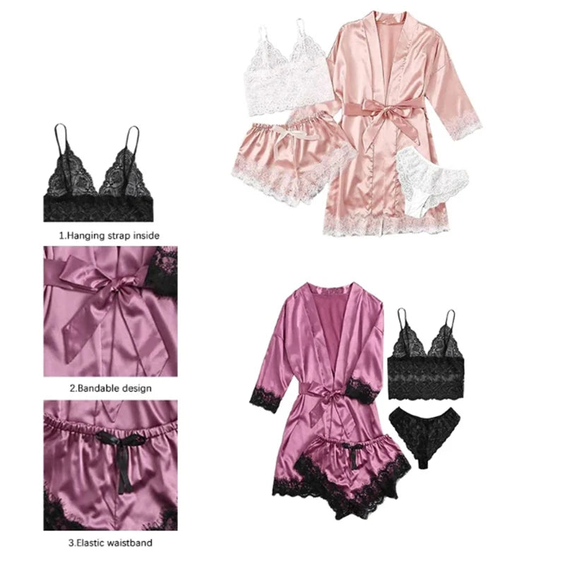 Pink Bloom 4pc Lace Satin Sleep Set – Sexy, Silky & Comfy.