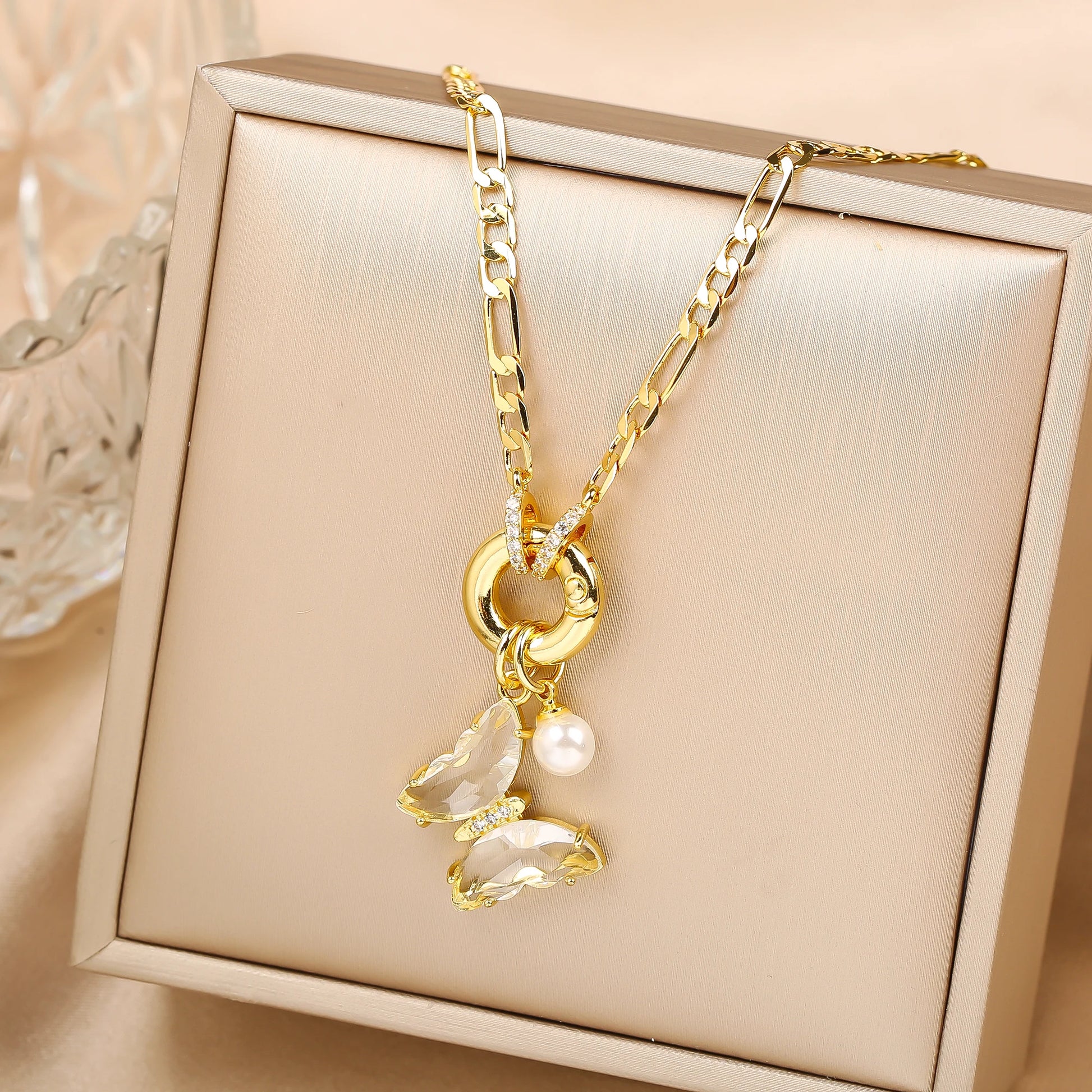 Pink Bloom Butterfly Necklace – 13-Color Crystal Pearl Pendant, Luxury Party Jewelry