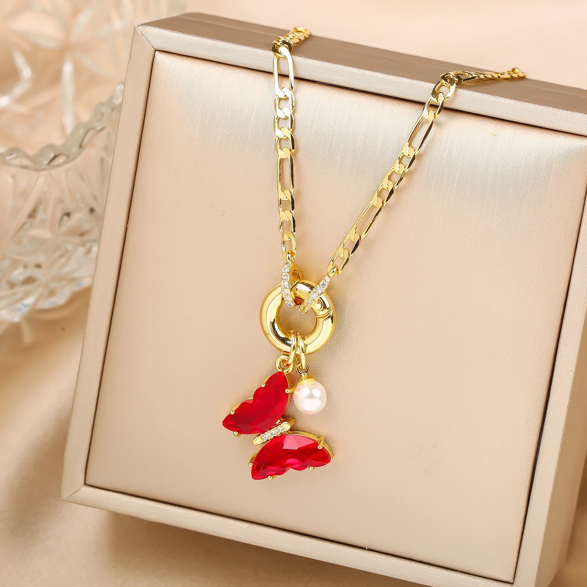 Pink Bloom Butterfly Necklace – 13-Color Crystal Pearl Pendant, Luxury Party Jewelry