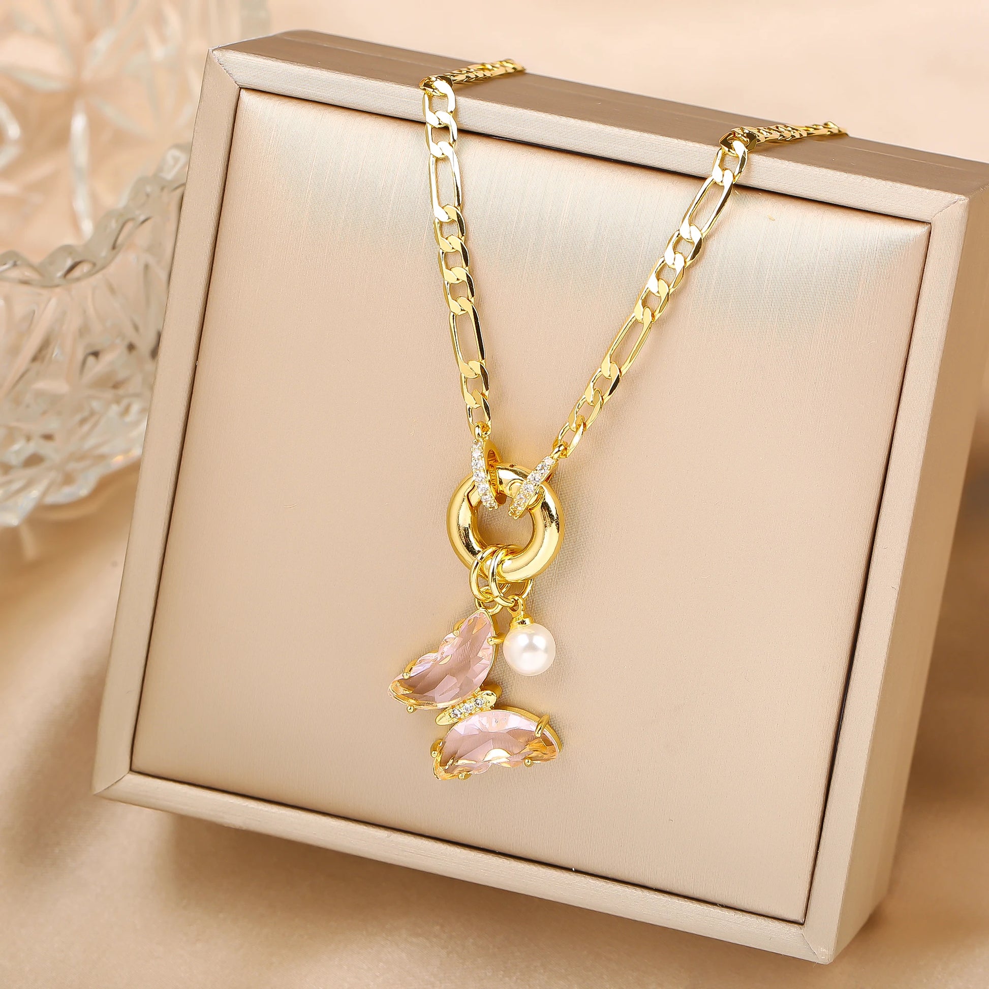 Pink Bloom Butterfly Necklace – 13-Color Crystal Pearl Pendant, Luxury Party Jewelry