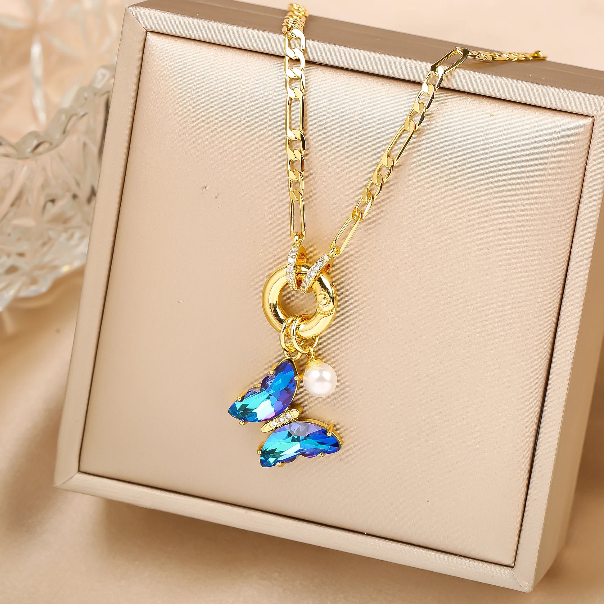 Pink Bloom Butterfly Necklace – 13-Color Crystal Pearl Pendant, Luxury Party Jewelry