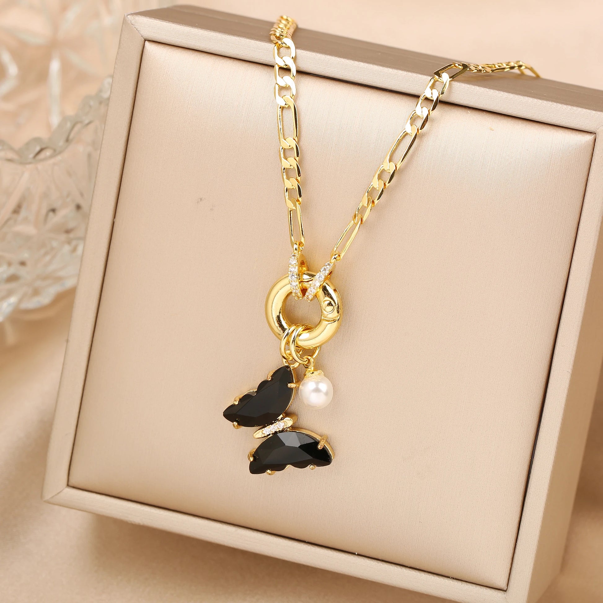 Pink Bloom Butterfly Necklace – 13-Color Crystal Pearl Pendant, Luxury Party Jewelry