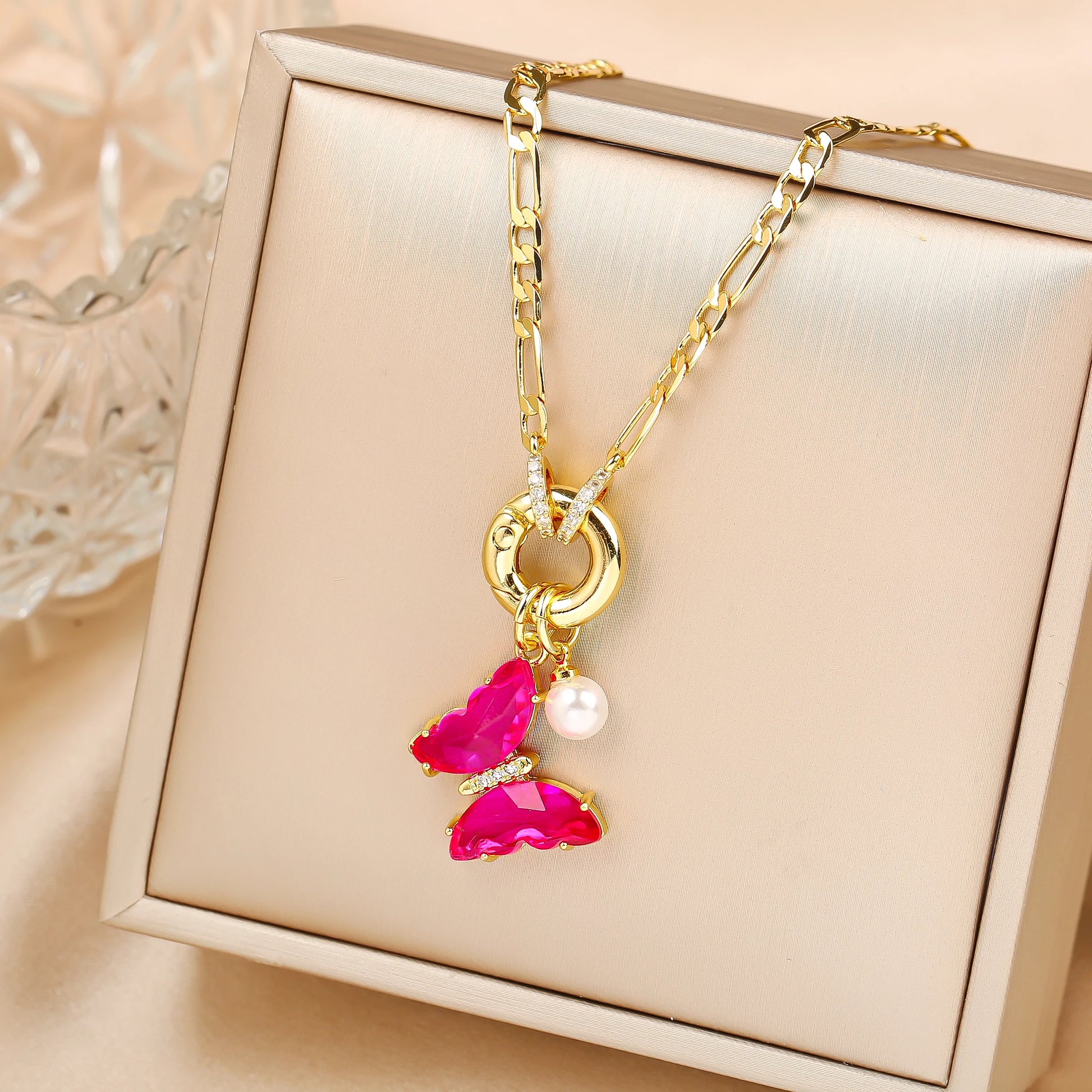 Pink Bloom Butterfly Necklace – 13-Color Crystal Pearl Pendant, Luxury Party Jewelry