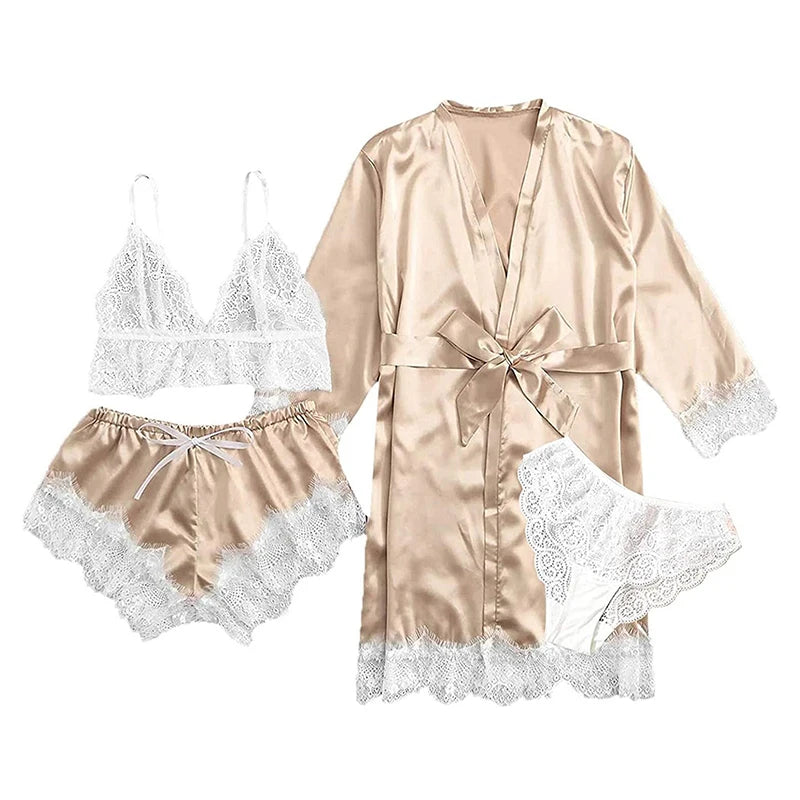 Pink Bloom 4pc Lace Satin Sleep Set – Sexy, Silky & Comfy.