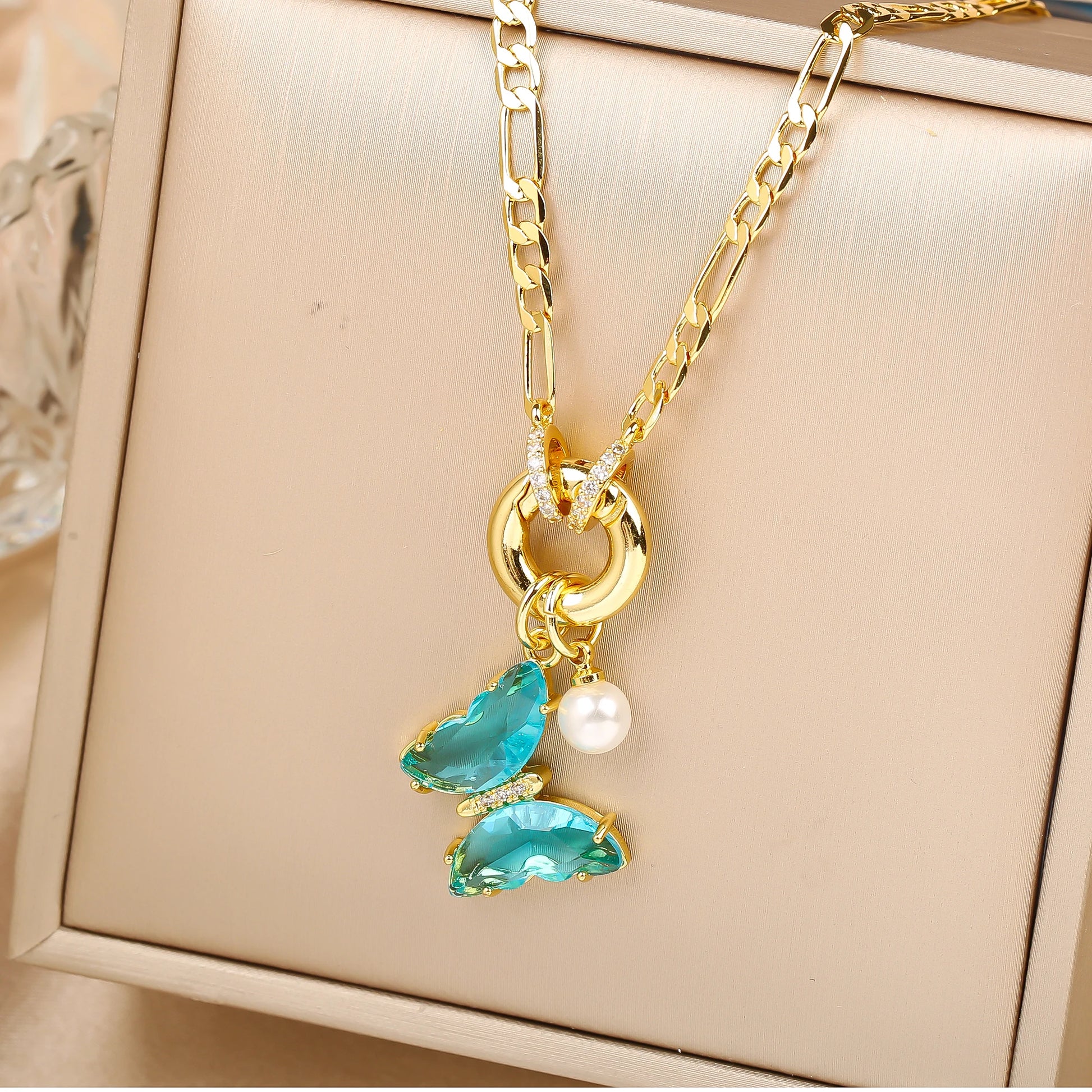 Pink Bloom Butterfly Necklace – 13-Color Crystal Pearl Pendant, Luxury Party Jewelry