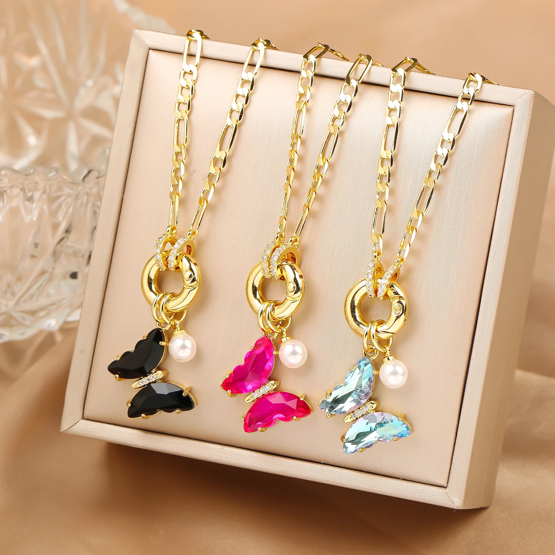 Pink Bloom Butterfly Necklace – 13-Color Crystal Pearl Pendant, Luxury Party Jewelry