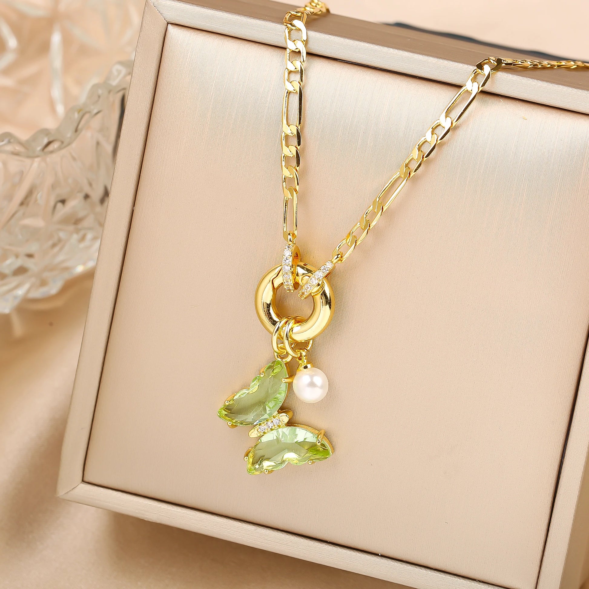 Pink Bloom Butterfly Necklace – 13-Color Crystal Pearl Pendant, Luxury Party Jewelry